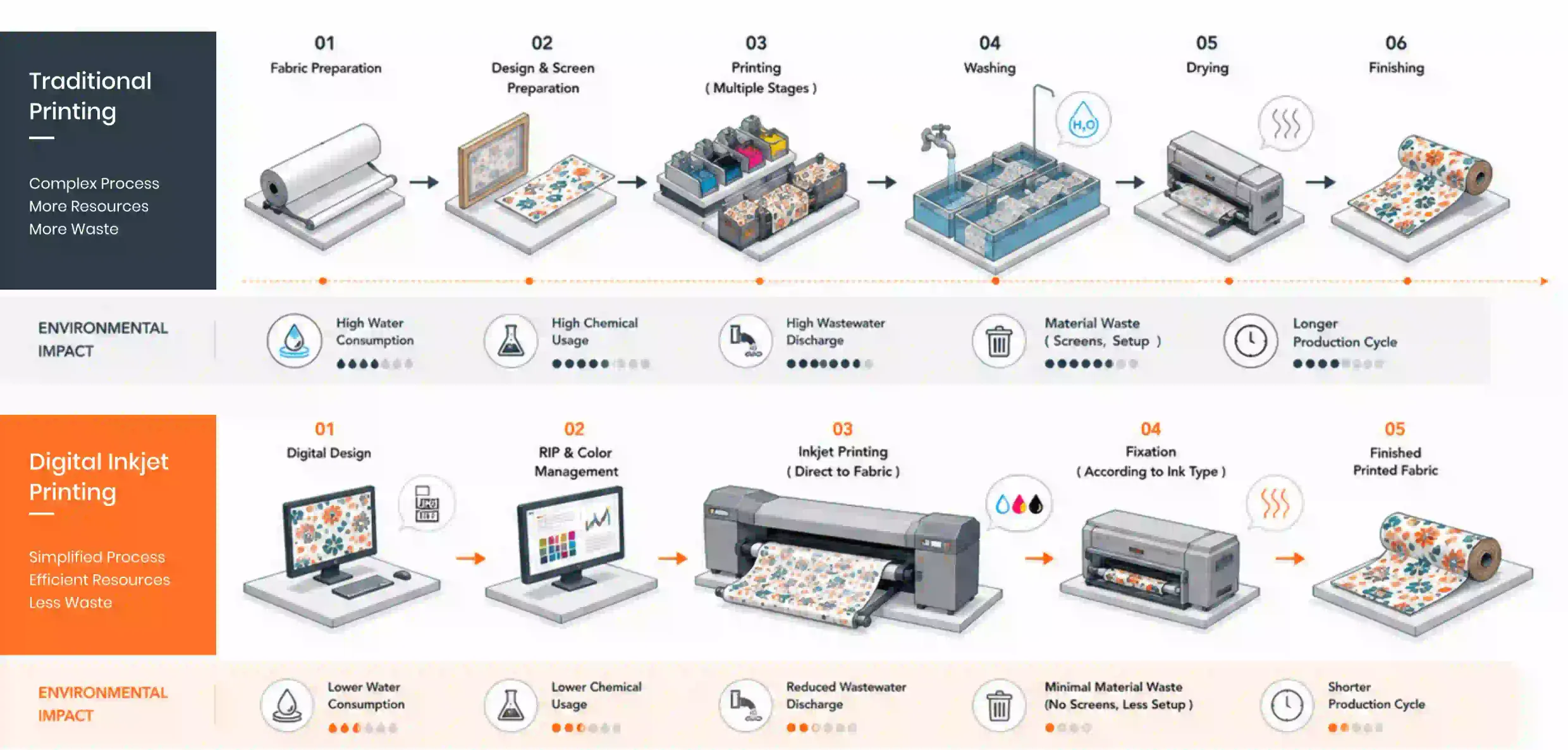Traditional printing versus digital inkjet printing: process steps and environmental impact