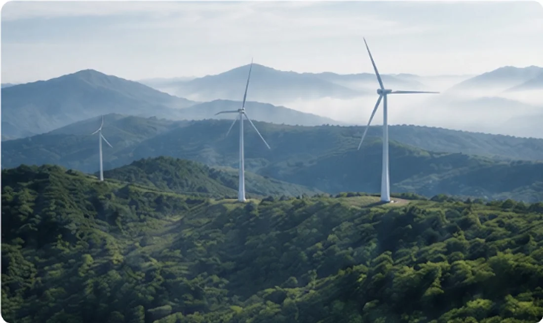 Wind turbines on a forested mountain ridge